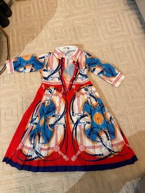 Girls' Red & Blue Printed Button-Front Dress